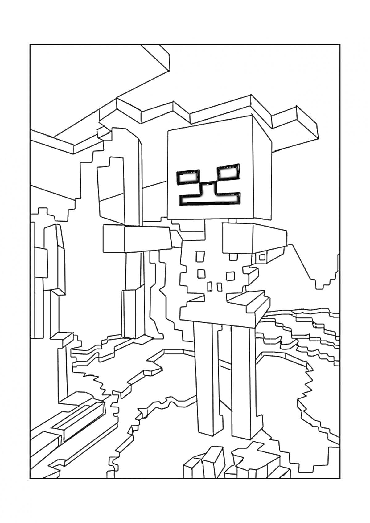 Раскраска Скелет из Майнкрафт в пещере