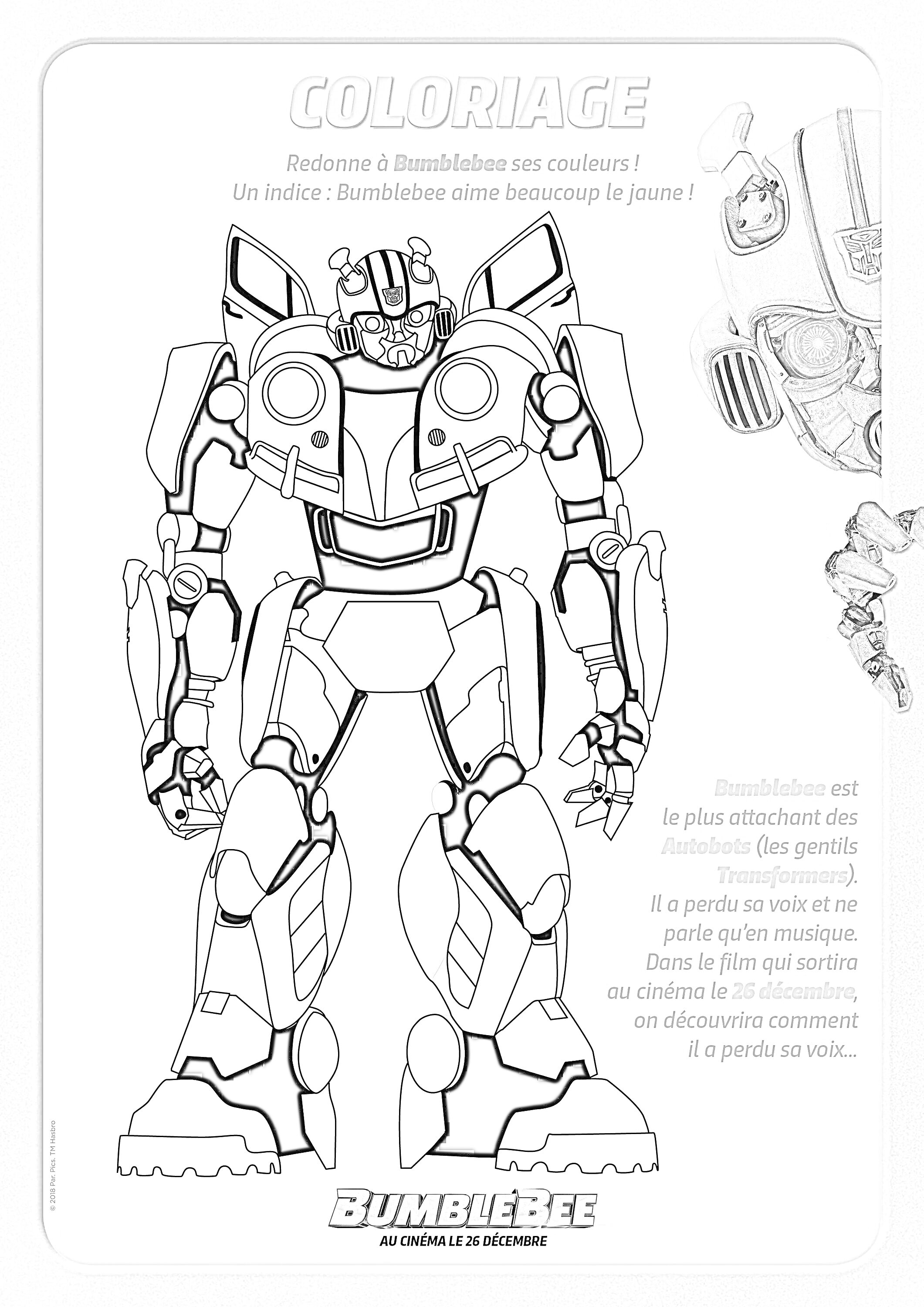 Раскраска Бамблби из Трансформеров для раскрашивания с текстовыми описаниями и изображением в верхнем правом углу