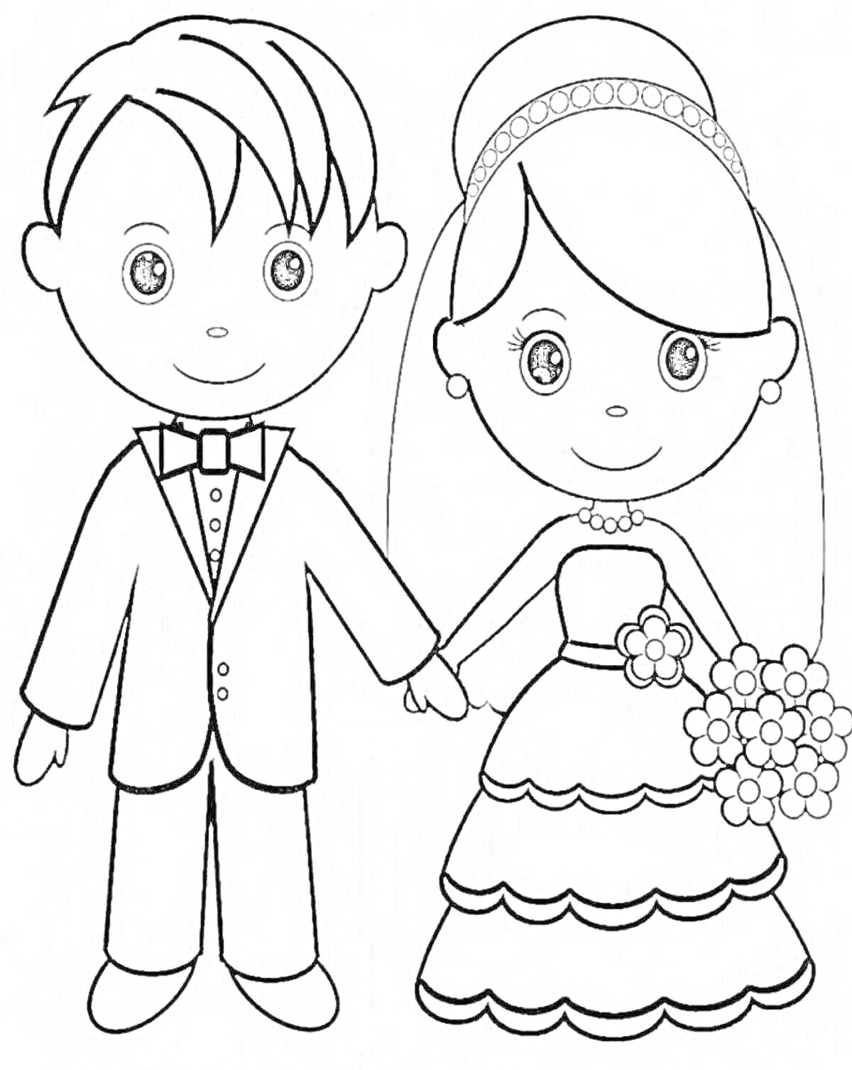 Раскраска Жених и невеста, держась за руки, жених в костюме с галстуком-бабочкой, невеста в длинном подвенечном платье, с букетом цветов и украшением на голове