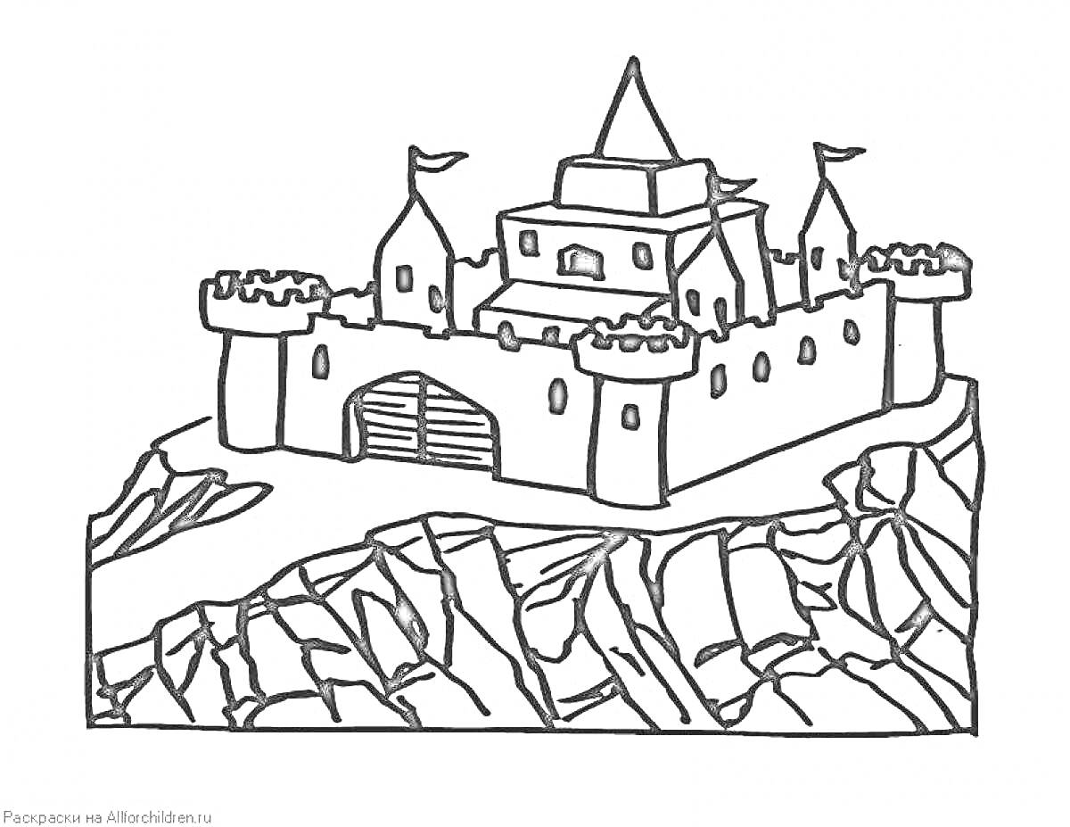На раскраске изображено: Замок, Башни, Ворота, Крепость, Средневековье, Для детей, Флаг, Скалы