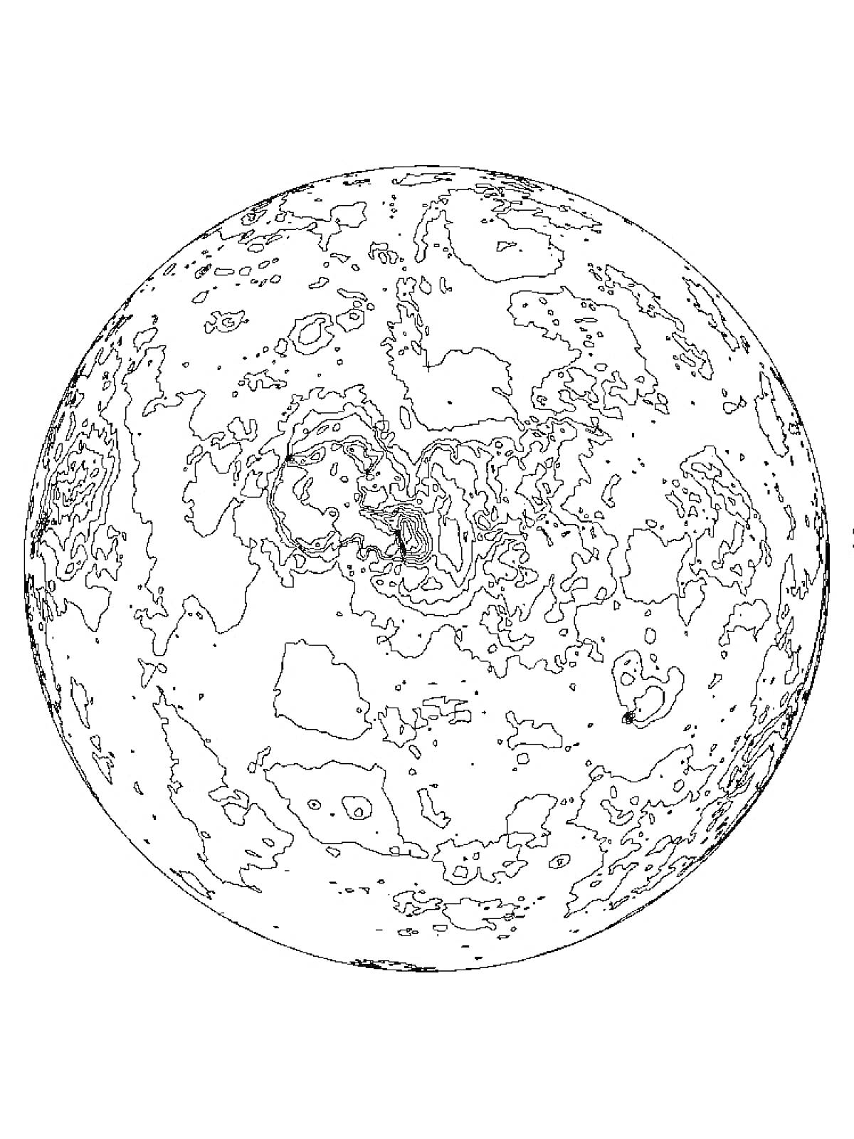 Раскраска Планета с кратерами и гористой поверхностью