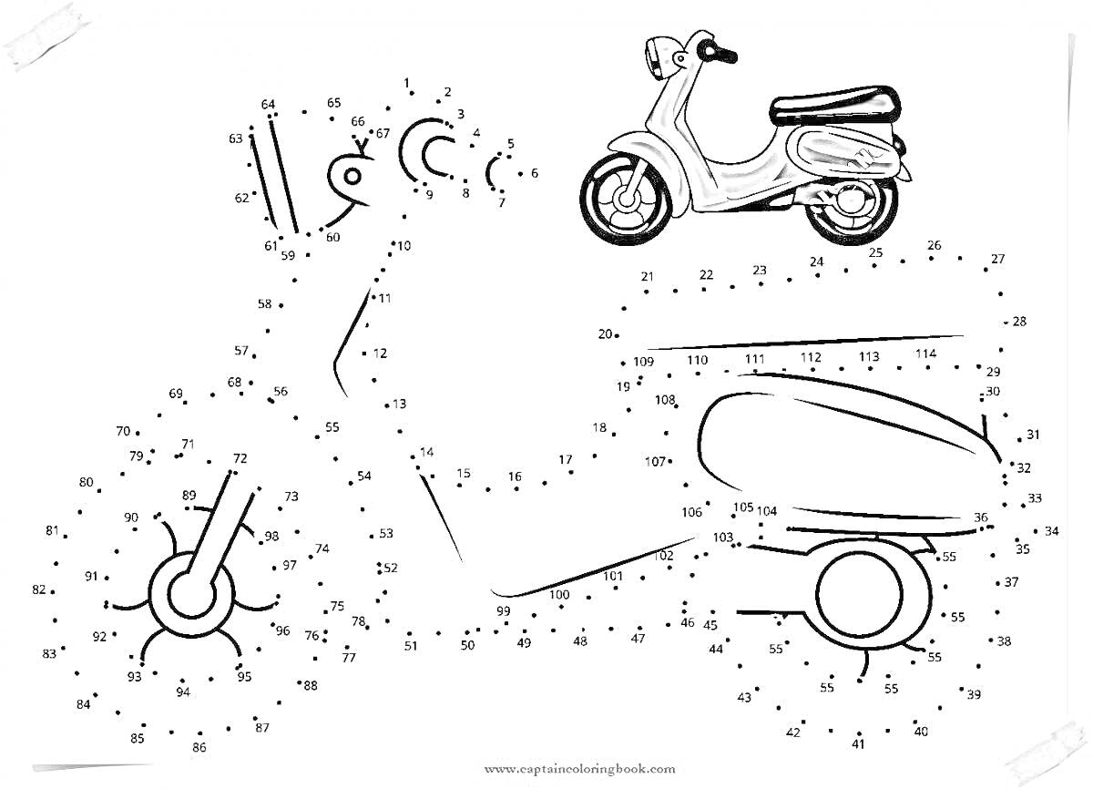 Раскраска Соединение точек для рисования мотоцикла с примеровым изображением, части мотоцикла пронумерованы для соединения