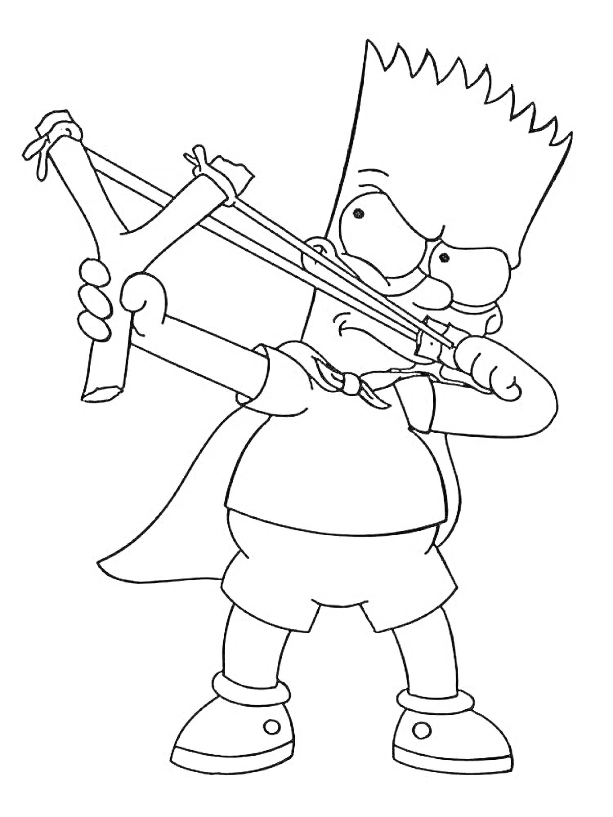 Раскраска Барт Симпсон с рогаткой и в накидке