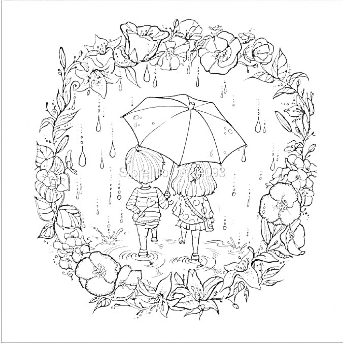 Раскраска Дети под зонтом в дождь в окружении цветов