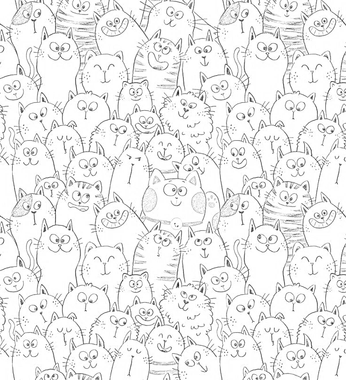 Раскраска много улыбающихся котиков разных пород на одном рисунке, некоторые с пятнами, тигровыми полосками или просто однотонные