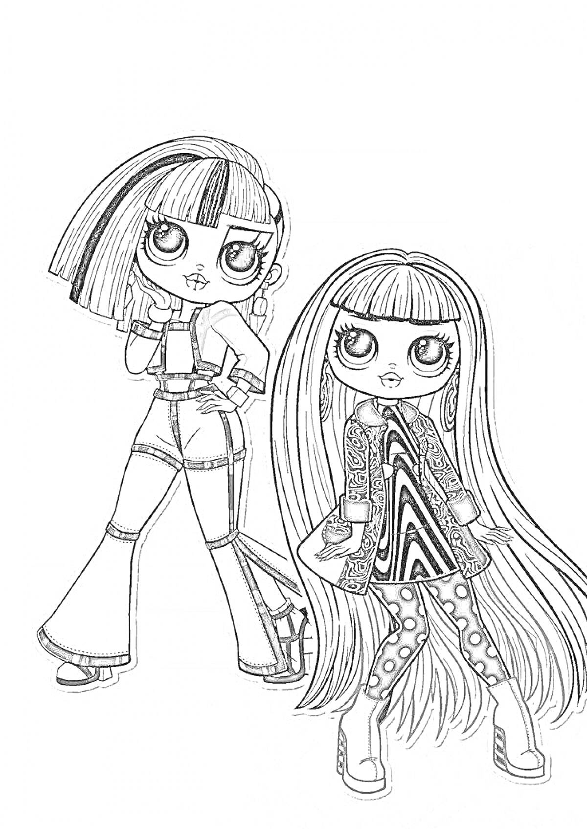 Две куклы LOL OMG с длинными волосами и стильной одеждой, одна с короткими прямыми волосами, другая с длинными прямыми волосами, обе в обуви на платформе