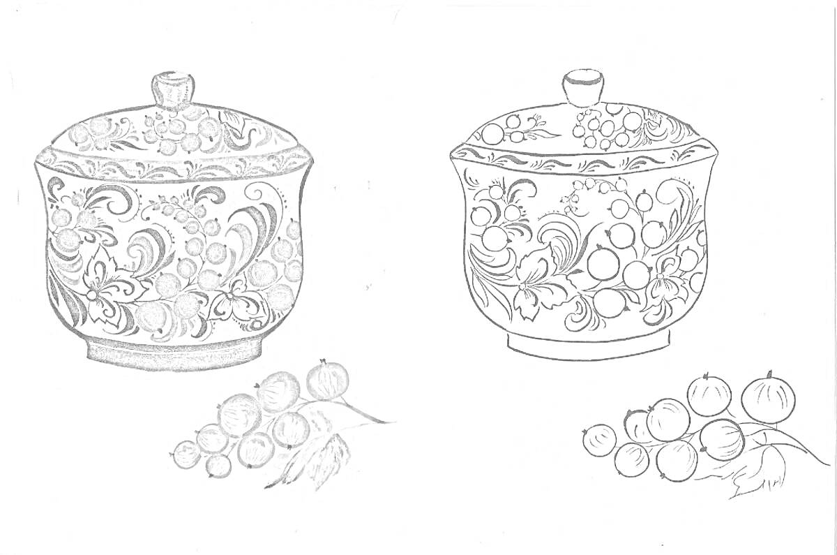 Раскраска Шкатулки с хохломской росписью и ветви с ягодами