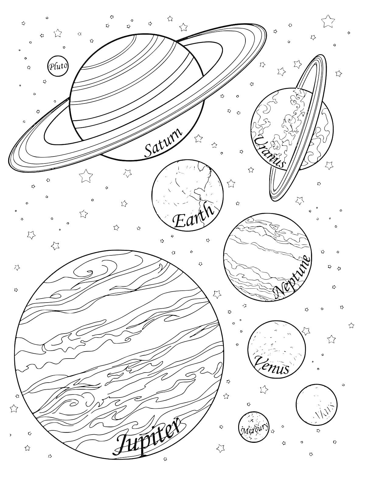 На раскраске изображено: Вселенная, Планеты, Сатурн, Плутон, Земля, Уран, Нептун, Венера, Меркурий, Марс, Юпитер, Звезды, Космос, Астрономия