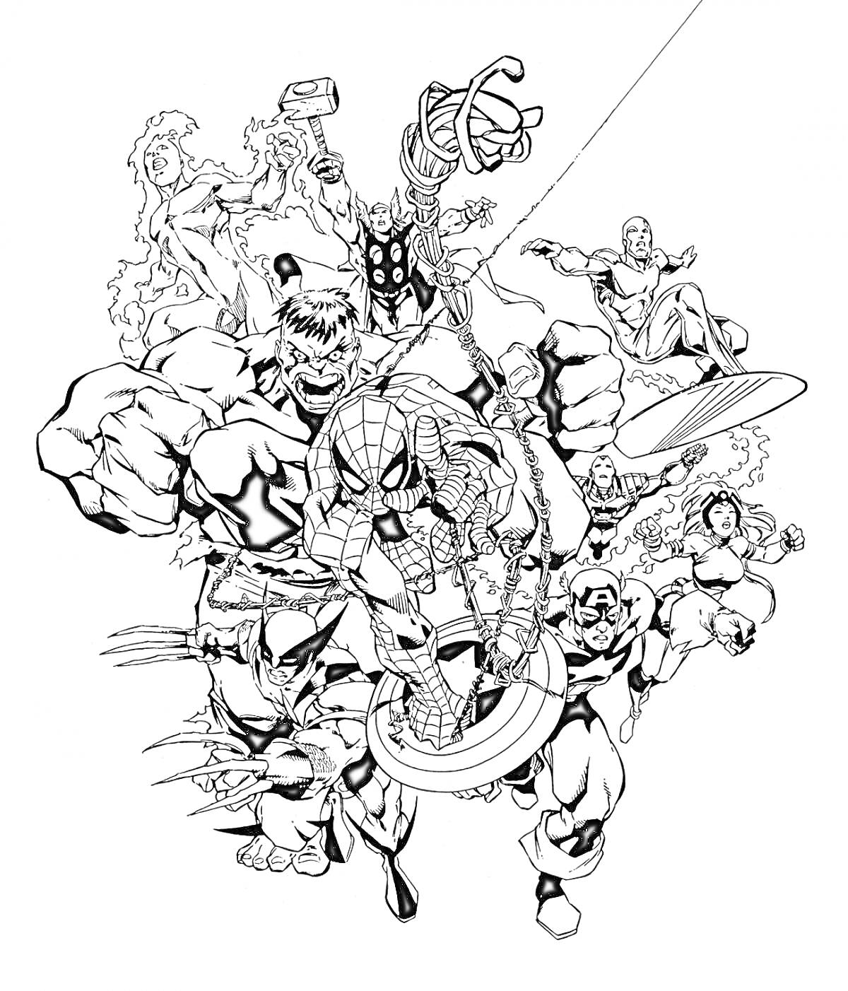 На раскраске изображено: Марвел, Комиксы, Супергерои, Человек-паук, Халк, Росомаха, Тор, Капитан Америка, Железный Человек, Серебряный серфер, Человек-факел