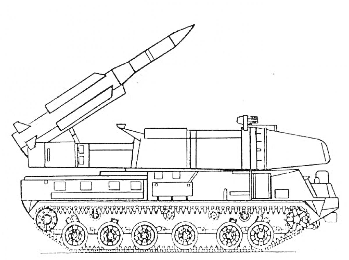 Раскраска Ракетная установка на гусеничном ходу с направленной вверх ракетой