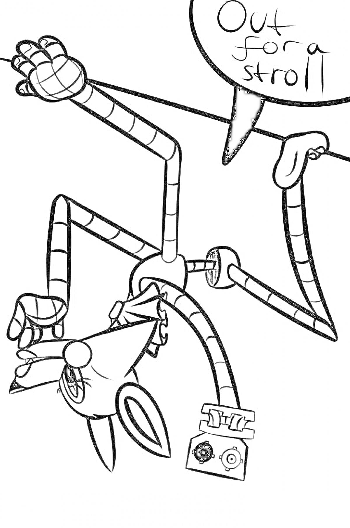 Раскраска Аниматроник Мангл с вытянутыми конечностями и надписью 