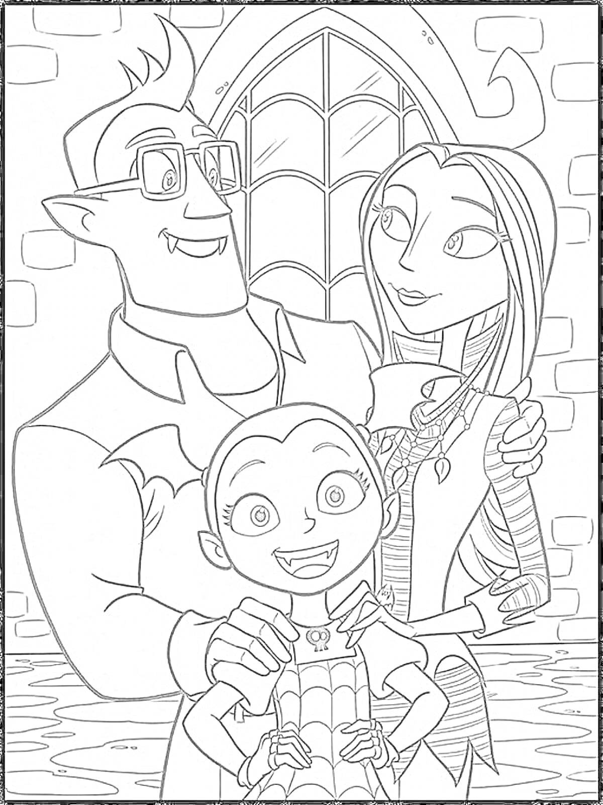 Раскраска Семейное фото Вампирины с родителями на фоне окна с витражом
