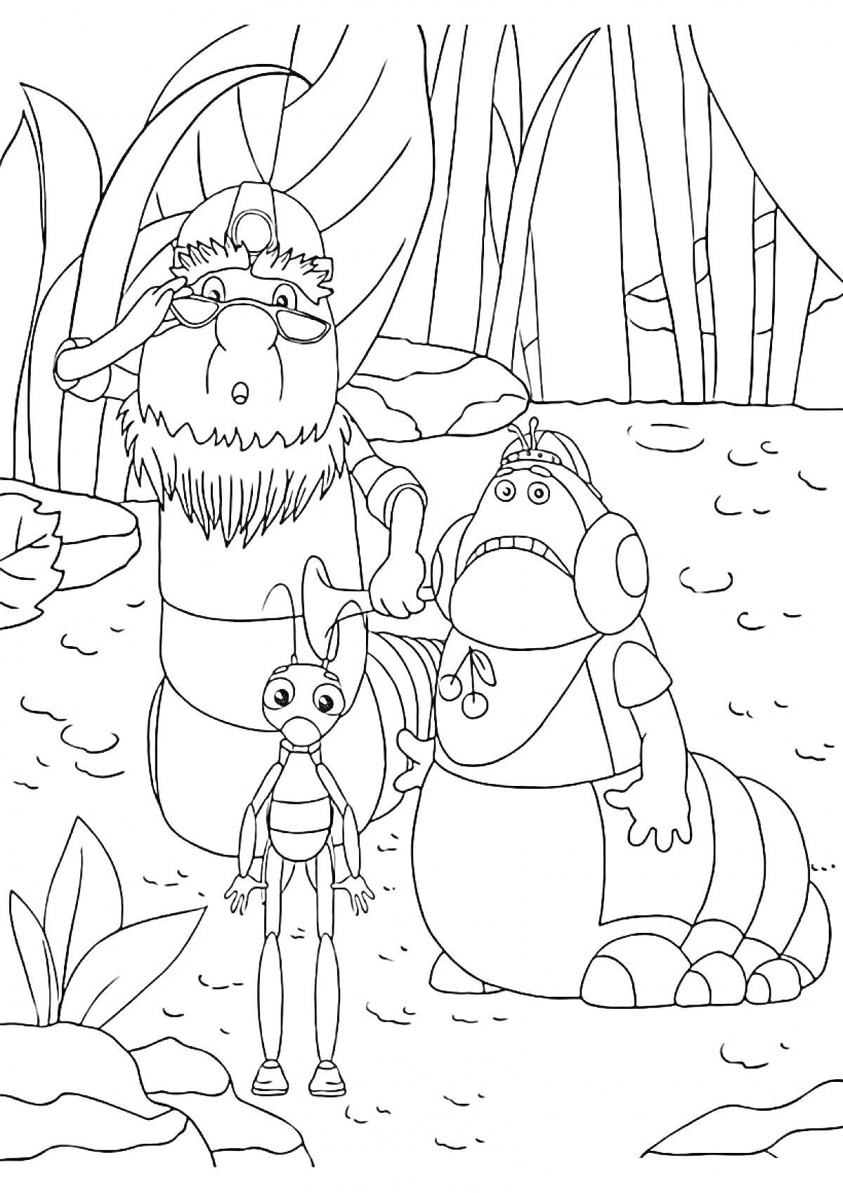 Раскраска Лунтик и его друзья - лесные жители на прогулке (три персонажа, растения)