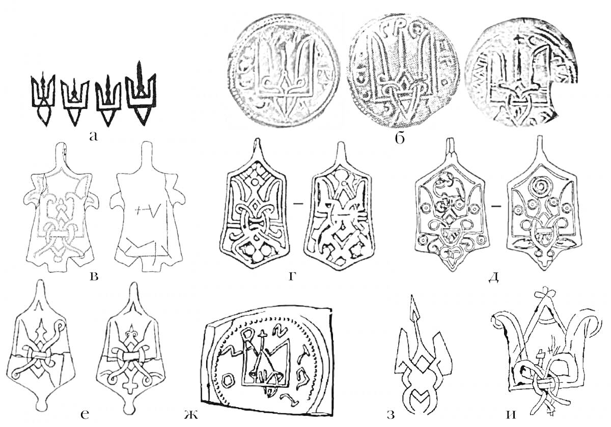 Тризуб Рюрика - монеты с тризубом, щиты с гербами, различные стили тризуба