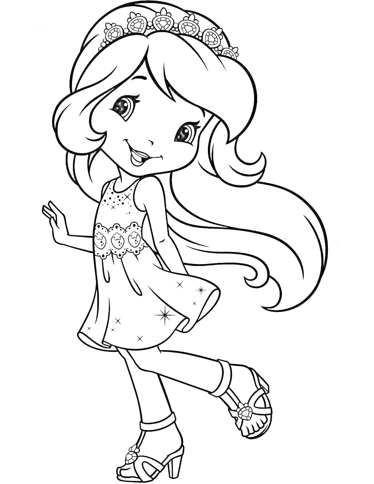 Раскраска Девочка с длинными волосами в платье с цветами и туфлях с открытым носком, цветочный венок