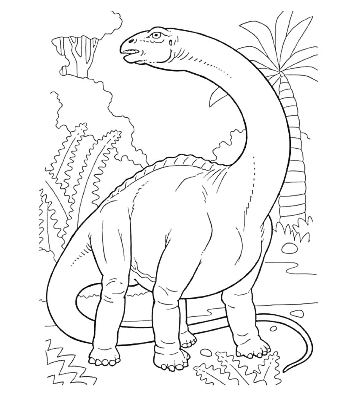 Раскраска Бронтозавр на фоне доисторического ландшафта с растительностью и водопадом
