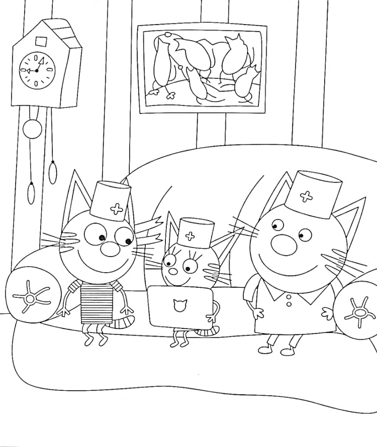 Раскраска Три кота на диване в шапках, с ноутбуком, часы на стене, картина