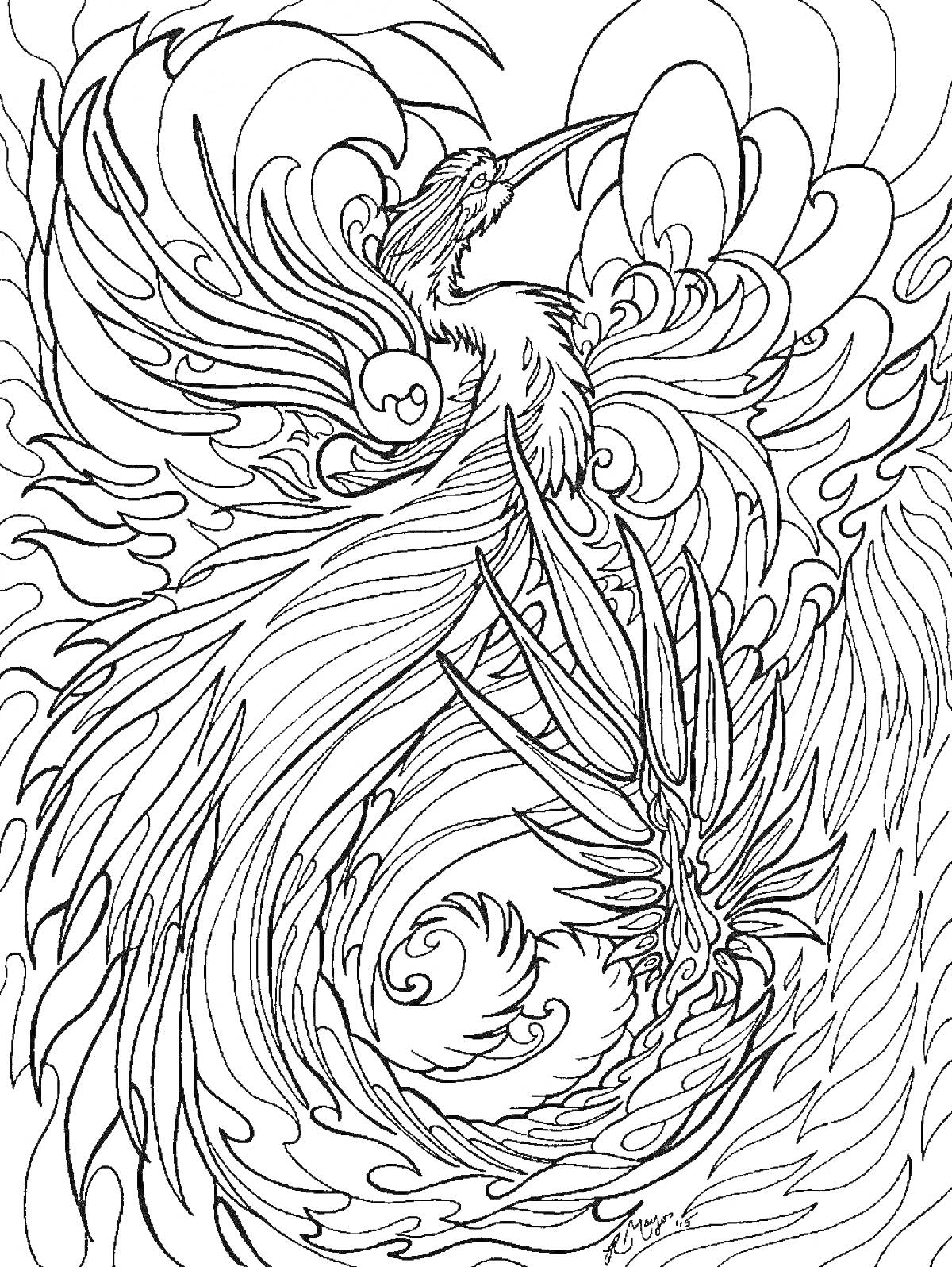 Раскраска Феникс во взмахе крыла, окруженный языками пламени и витиеватыми узорами