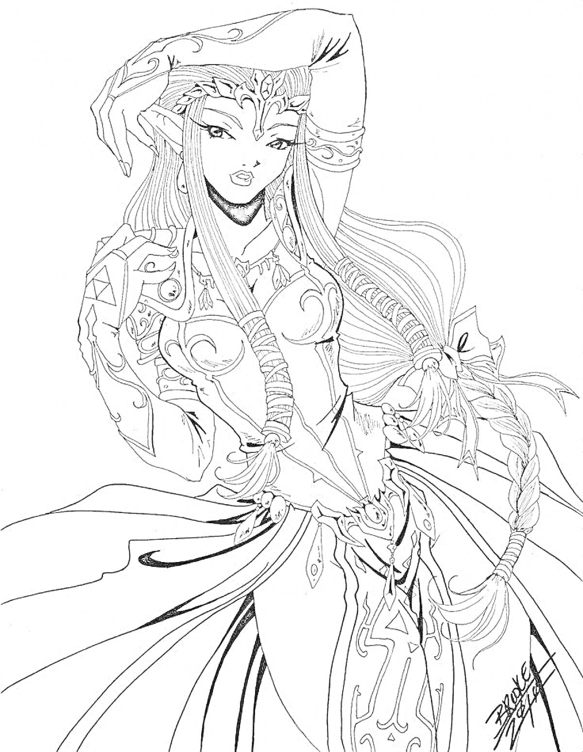 Раскраска девушка-эльф, фэнтезийный наряд, длинные волосы, татуировки, меч