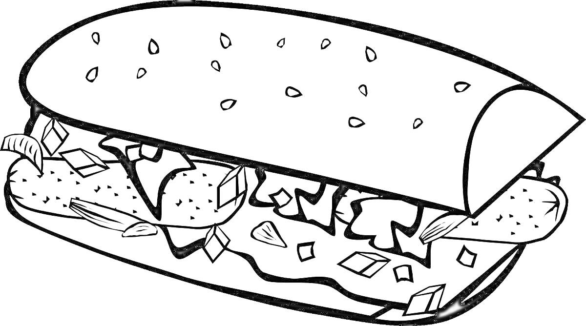 Раскраска Хот-дог с сосиской, листом салата и кусочками лука