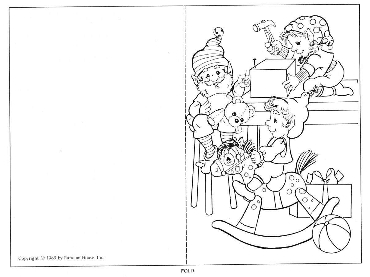 Раскраска Дети в новогодних шапках и одежде готовят подарки - мишка, деревянная лошадка-качалка, ребенок с молотком работает за столом