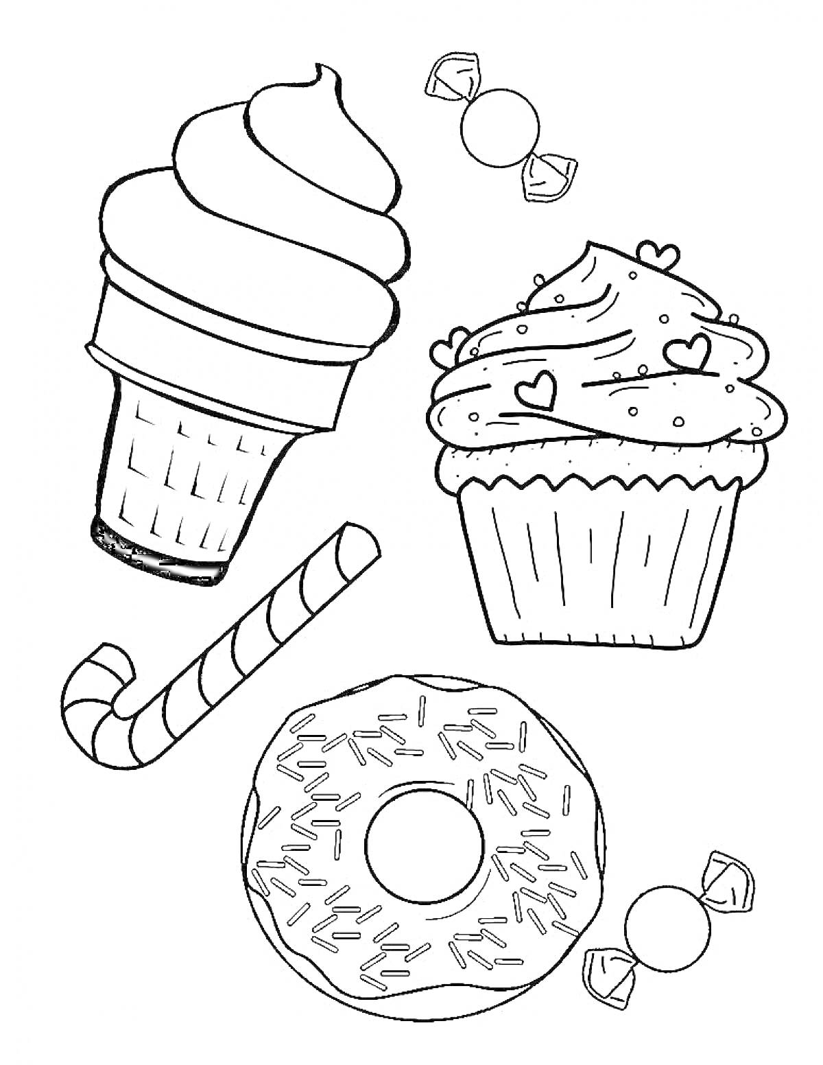 Раскраска Пончик с конфетами, мороженым, леденцом и капкейком