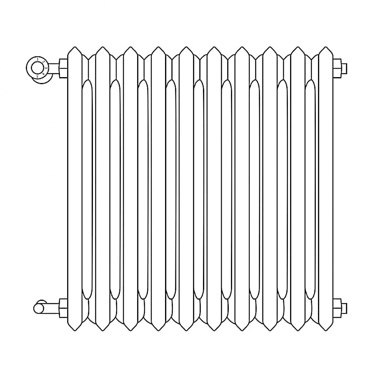 Раскраска Радиатор отопления с трубами и клапанами