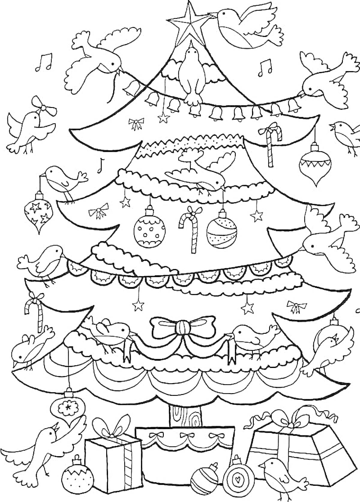 Раскраска Новогодняя елка с птицами, подарками, елочными игрушками и нотами