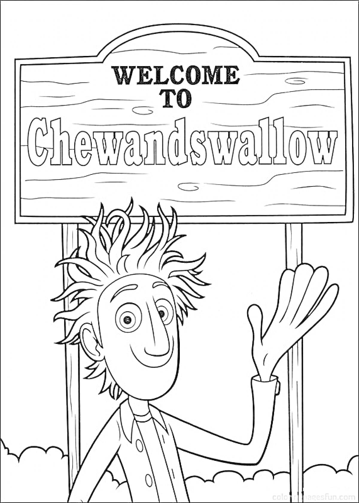 Раскраска Приветственный знак города Chewandswallow с улыбающимся мужчиной, машущим рукой