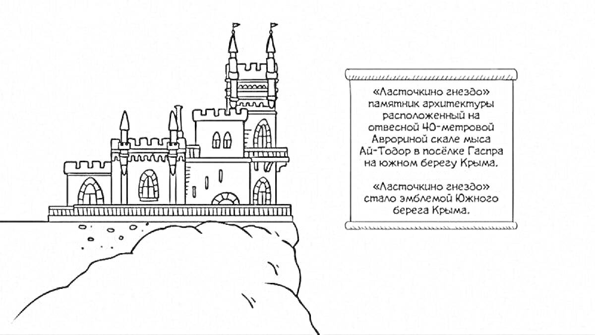 На раскраске изображено: Ласточкино гнездо, Замок, Архитектура, Текст, Крым