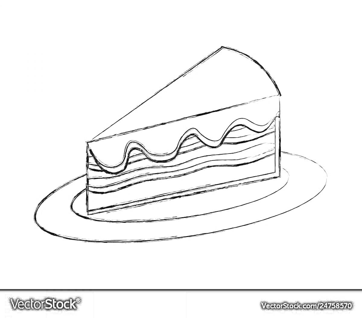 Раскраска Кусок торта на тарелке с кремовыми и глазурными слоями