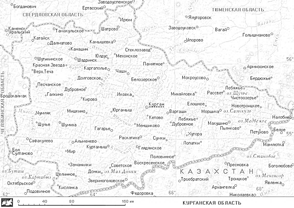 Раскраска Карта Курганской области с названиями населённых пунктов, границами районов и речной сетью