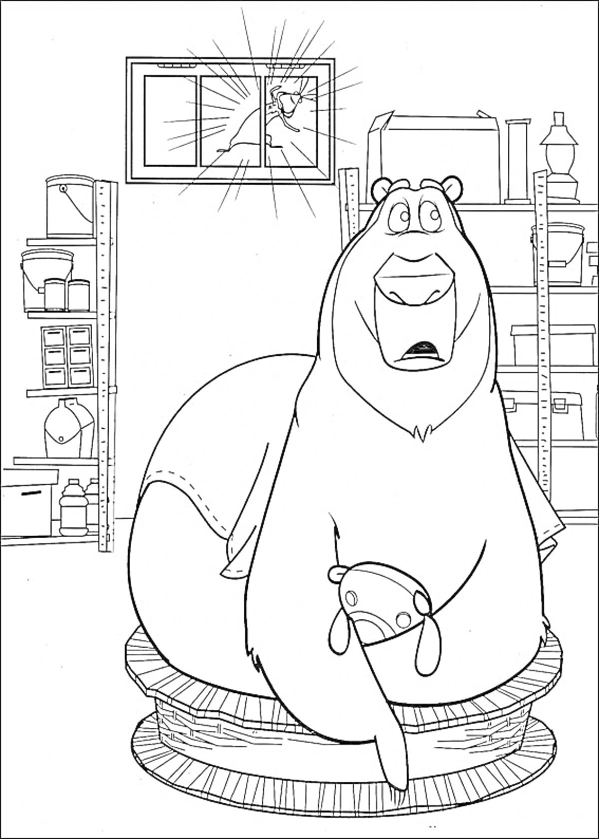 Раскраска Медведь с игрушкой сидит в гараже, окно разбито.