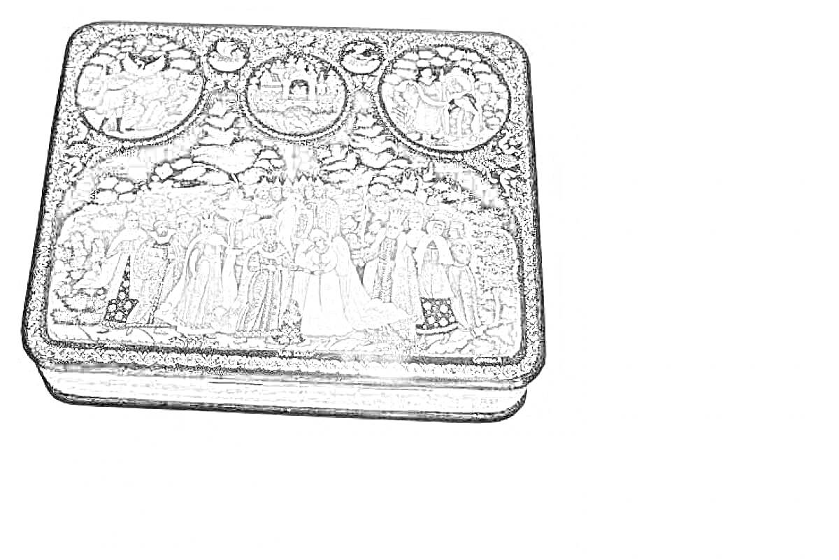 Лаковая миниатюра на шкатулке с изображением группы людей в традиционных нарядах, а также трёх круглых медальонов в верхней части с дополнительными сценами.