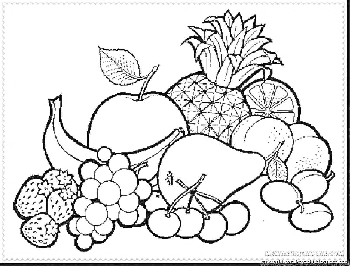 Раскраска с изображением ананаса, лимона, яблока, груши, банана, клубники, винограда, черешни и персика.