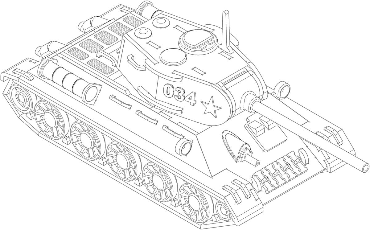Раскраска Танк Т-34 с пушкой и звездой на борту