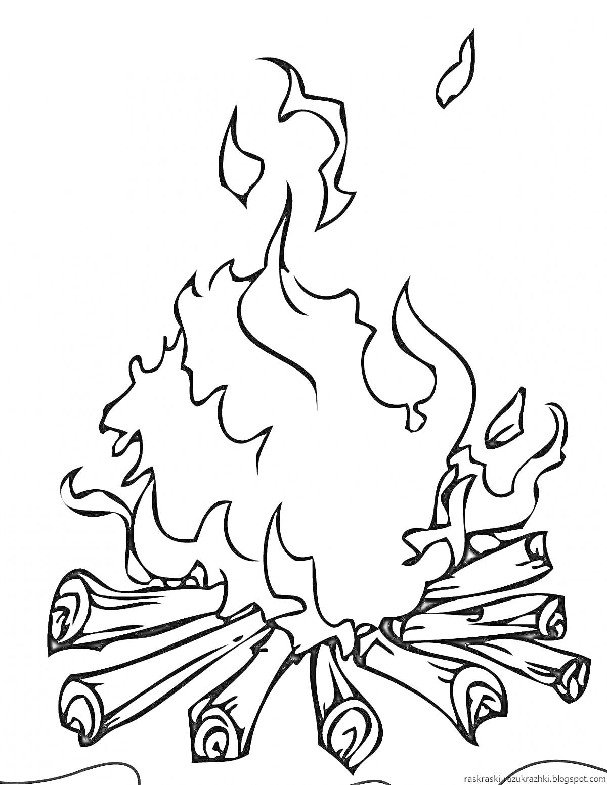 Раскраска Костёр с горящими дровами и пламенем