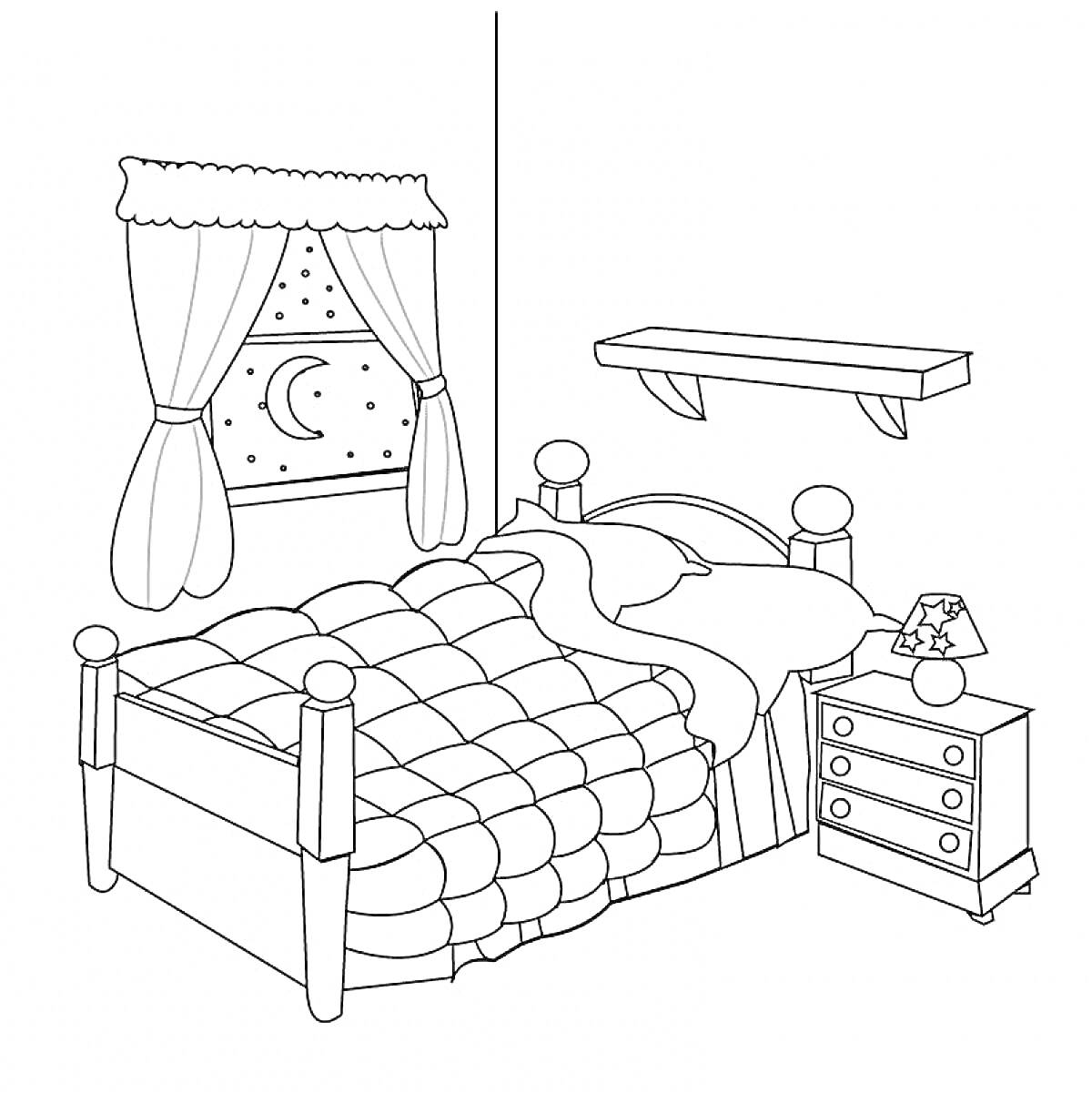 Раскраска Кровать в спальне с занавесками, полкой и тумбочкой