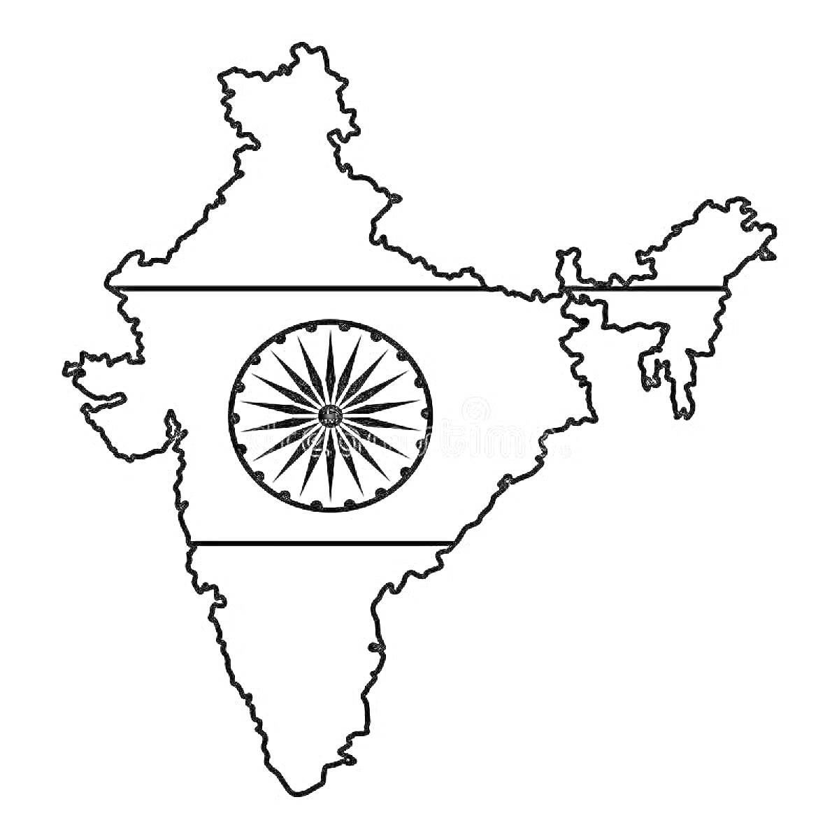 На раскраске изображено: Индия, Флаг, Карта, География, Национальный символ, Для детей