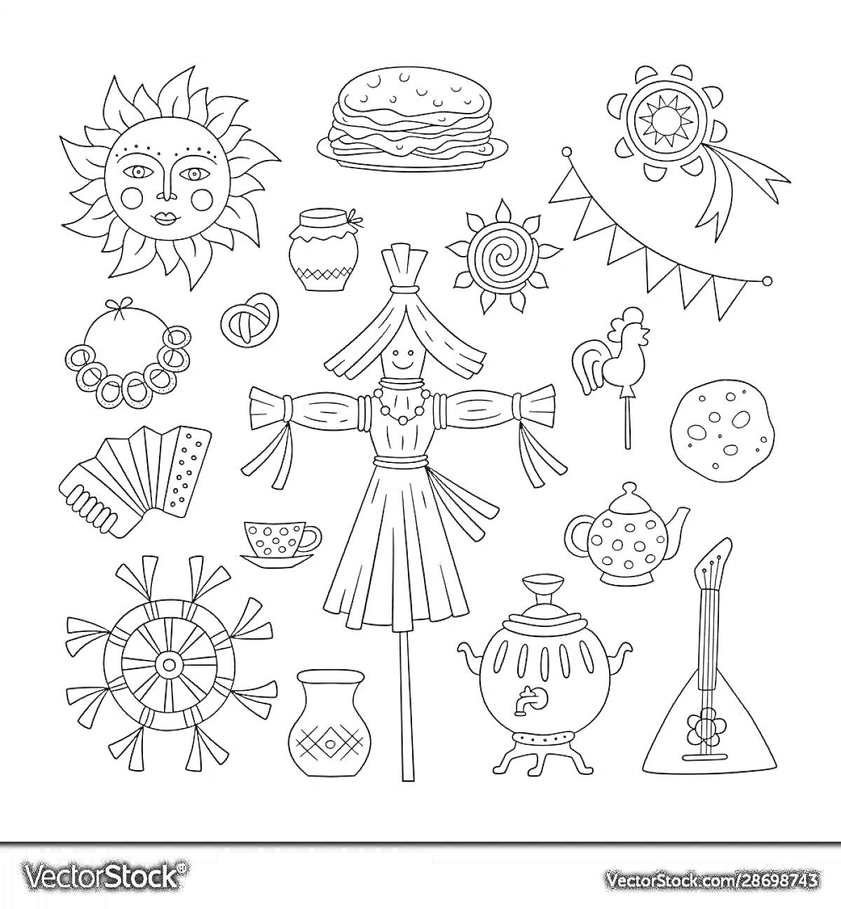 На раскраске изображено: Самовар, Масленица, Балалайка, Чашки, Печенье, Варенье, Рожки, Гирлянда, Традиции