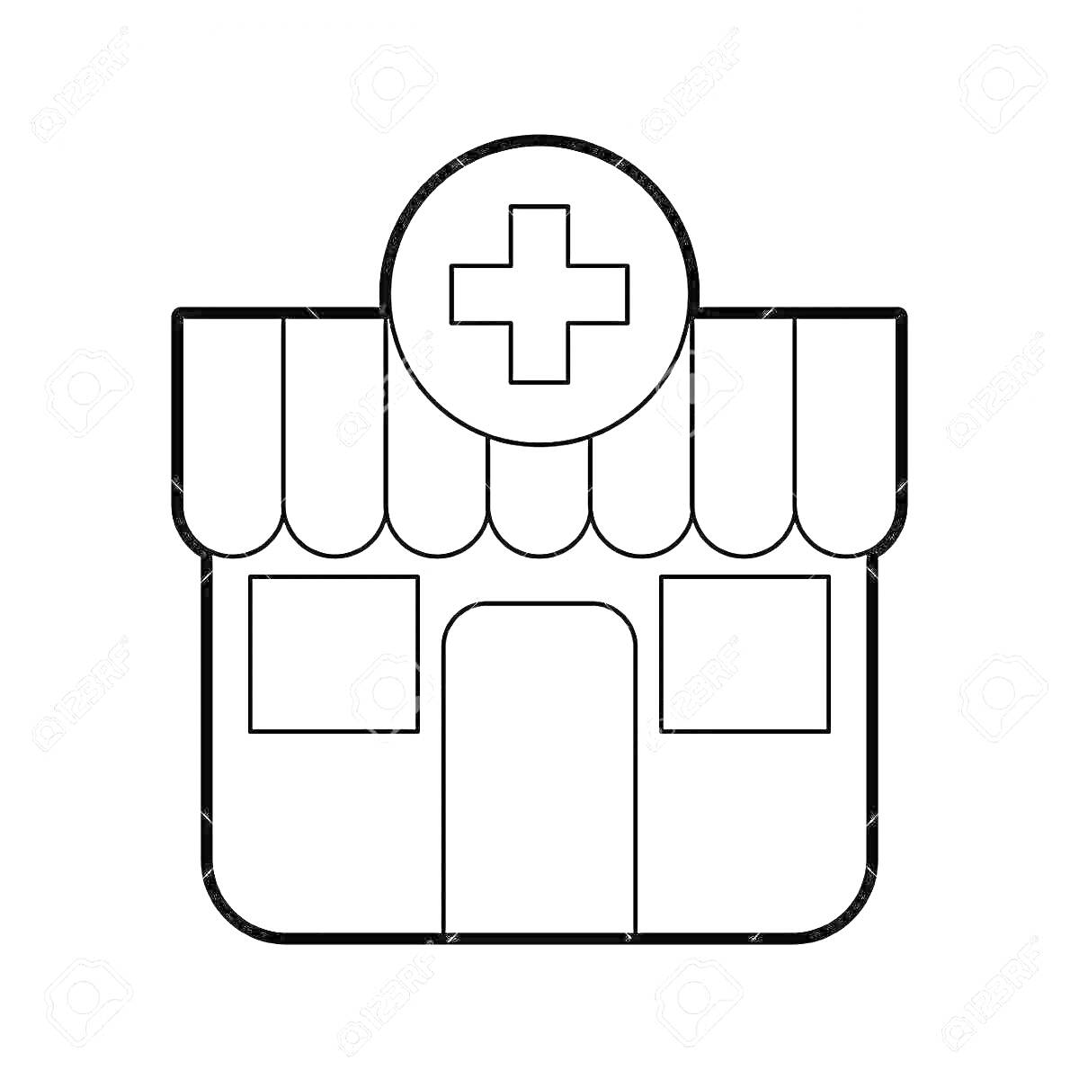 На раскраске изображено: Аптека, Фасад здания, Медицинский крест, Дверь, Навес