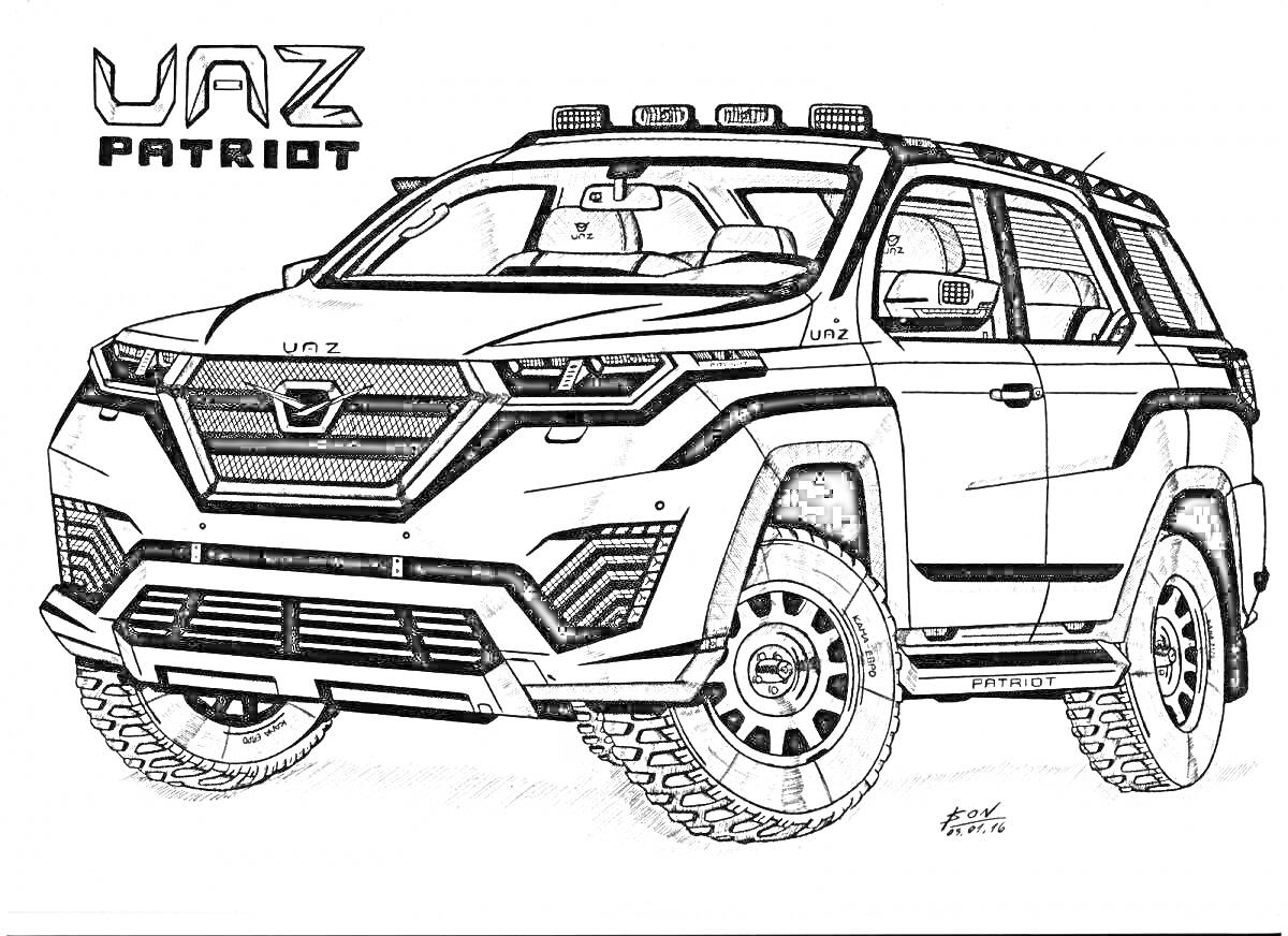 Раскраска UAZ Patriot, внедорожник с большими колёсами и мощным бампером, вид спереди-сбоку, с решёткой радиатора и деталями кузова