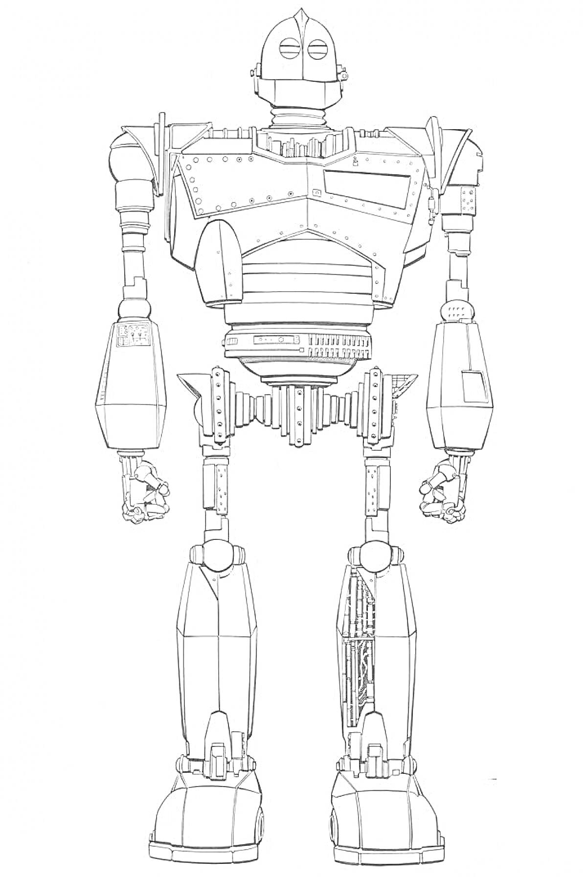 стальной гигант, робот в полный рост, вид спереди, механические части, металлический корпус