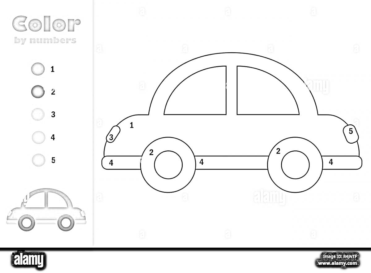 Раскраска Раскраска - автомобиль без колес для малышей 3-4 лет, со схемой цветов и номерами