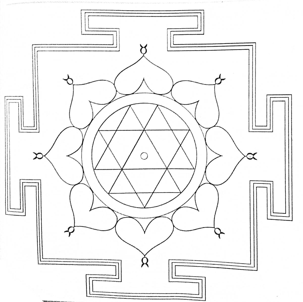 На раскраске изображено: Янтра, Мандала, Геометрия, Медитация, Искусство, Духовность