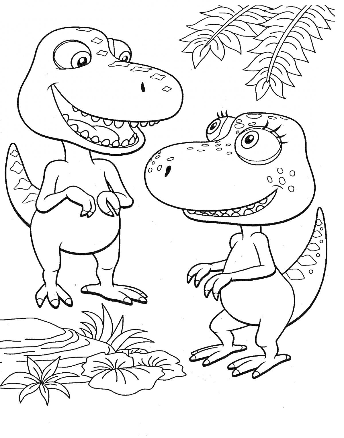 Два улыбающихся динозавра среди растений и деревьев
