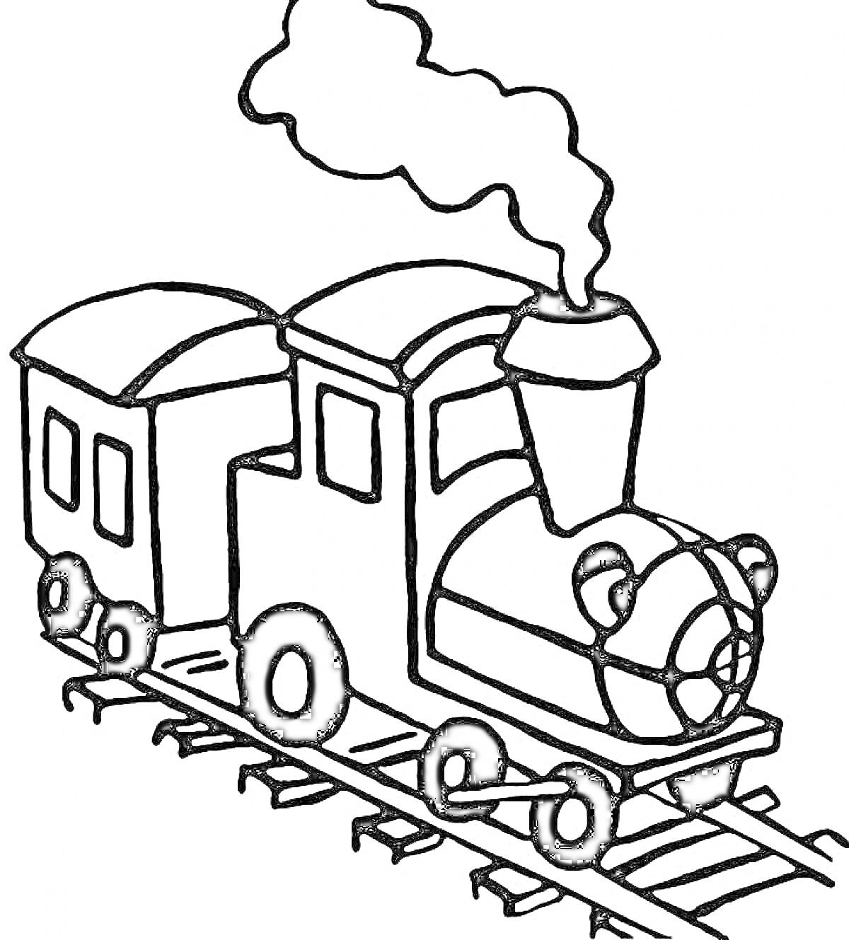 На раскраске изображено: Поезд, Вагоны, Рельсы, Дым, Паровоз