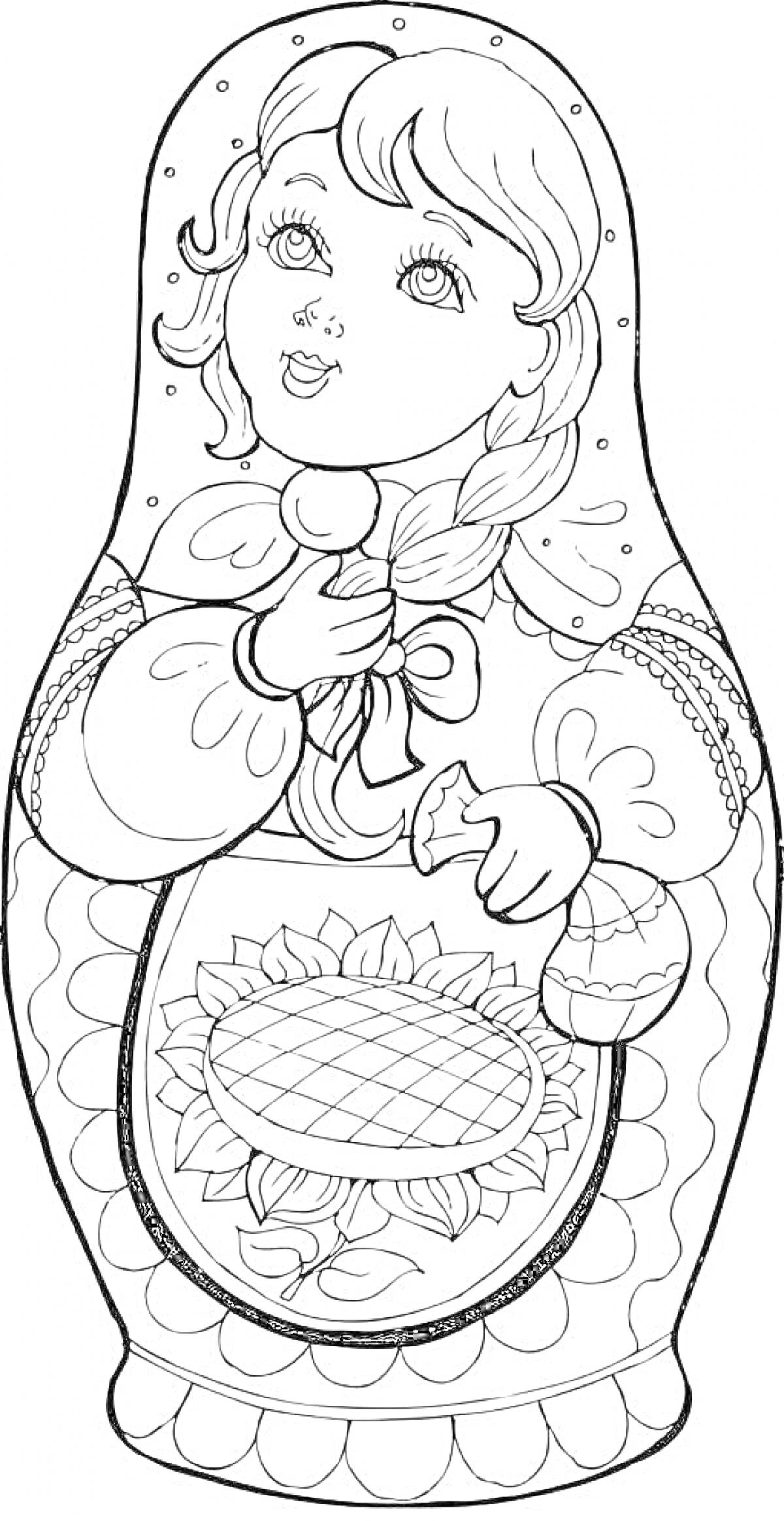 Раскраска Матрешка с косой, хлебом и яйцами в нарядной одежде