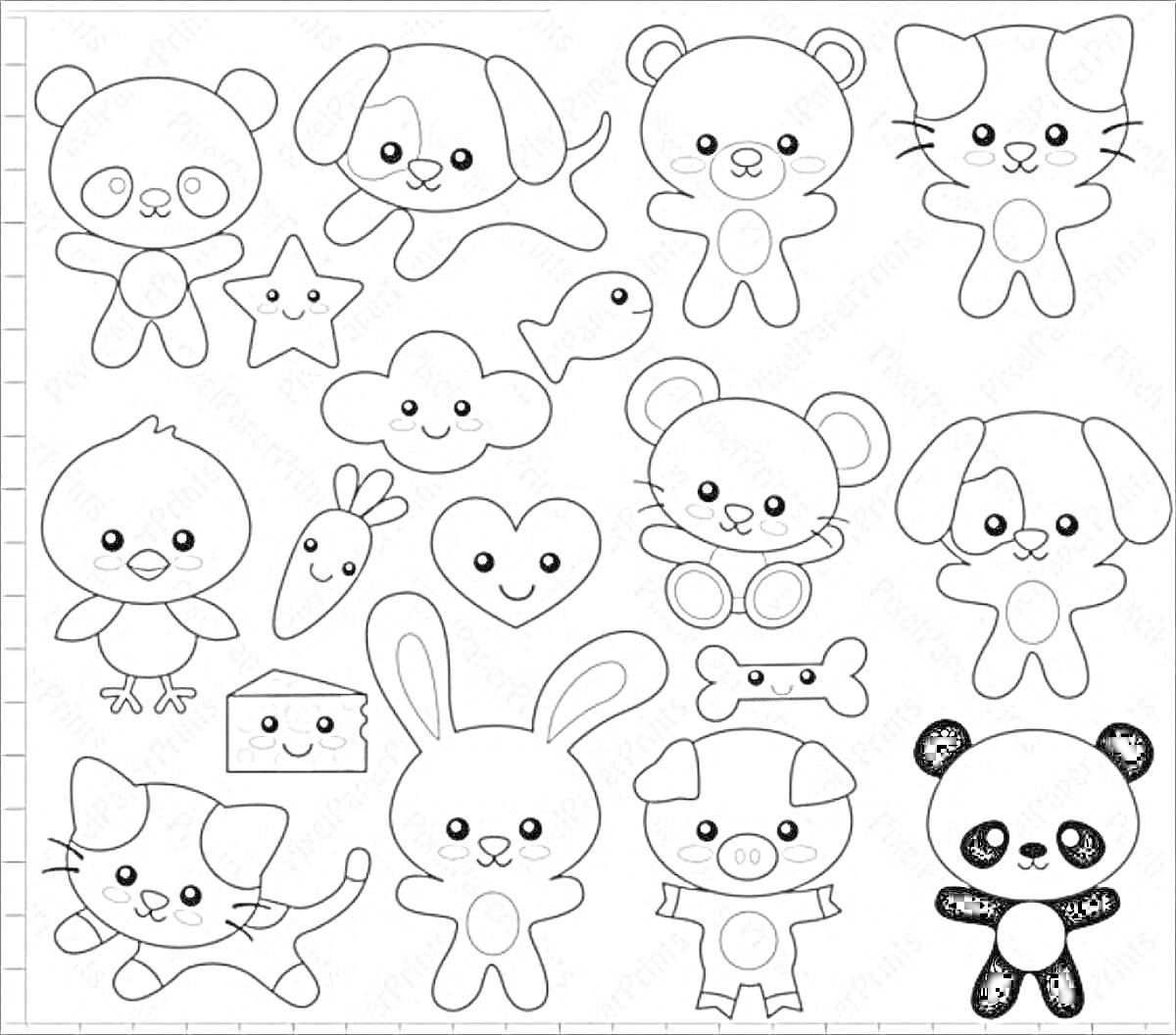 Раскраска Маленькие милые животные и предметы (панда, медвежонок, котенок, рыбка, сердечко, звезда, кролик, поросенок, косточка, морковка, домик, цыпленок, мышонок, щенок)