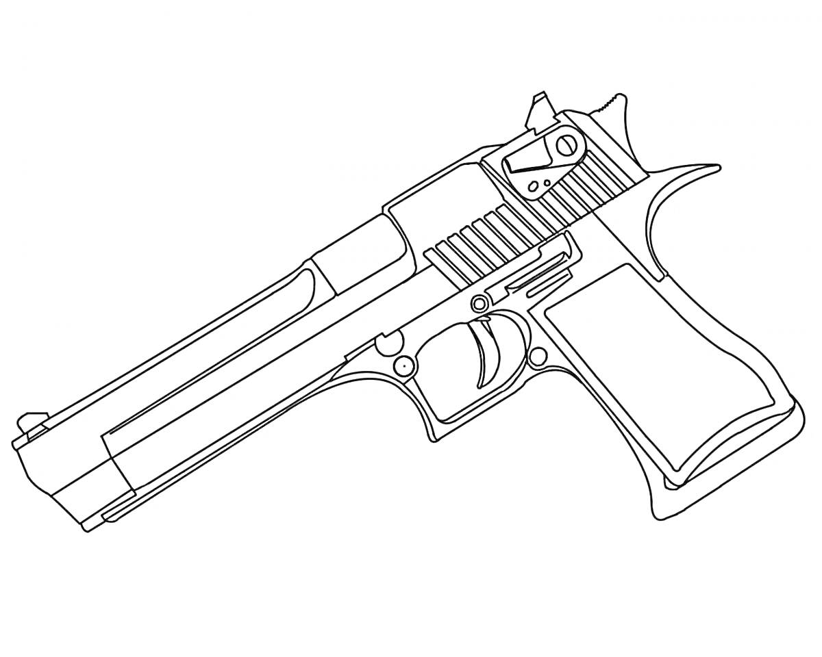 Раскраска Раскраска с изображением пистолета Desert Eagle с деталями рукоятки, спускового крючка, ствола и прицела